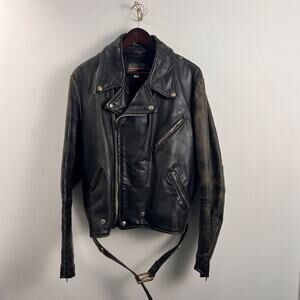 VINTAGE BROOKS Double Riders Motorcycle Black Leather Jacket Distressed Sz 46